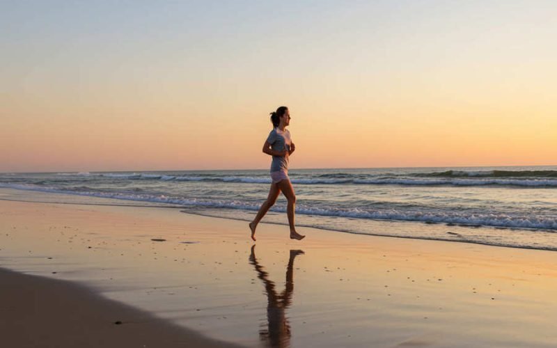 Correr na praia ao nascer do sol: energia renovada para o corpo e a mente.