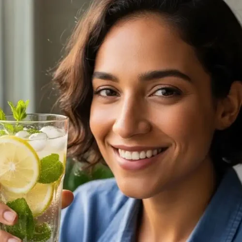 Pessoa sorrindo ao beber água com gás aromatizada com limão e hortelã, luz natural, transmitindo frescor e saúde.