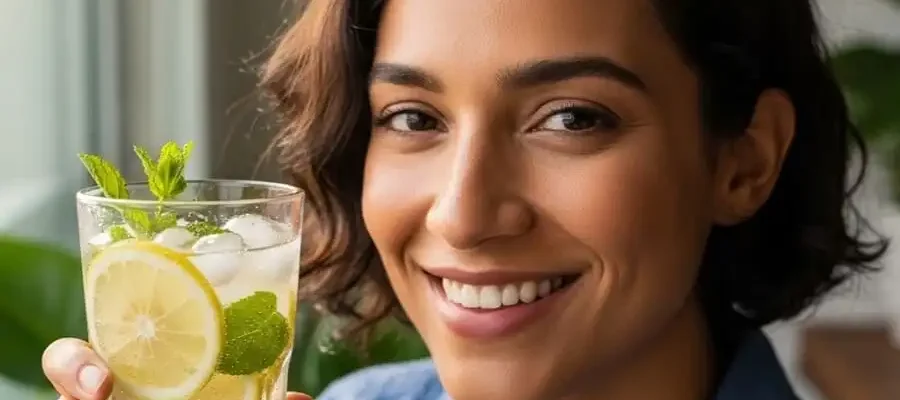 Pessoa sorrindo ao beber água com gás aromatizada com limão e hortelã, luz natural, transmitindo frescor e saúde.