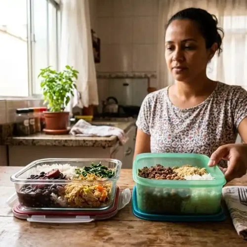 Duas marmitas lado a lado na mesa brasileira: uma de vidro transparente e outra de plástico, luz natural suave, simbolizando a comparação entre os materiais para armazenamento de comida.
