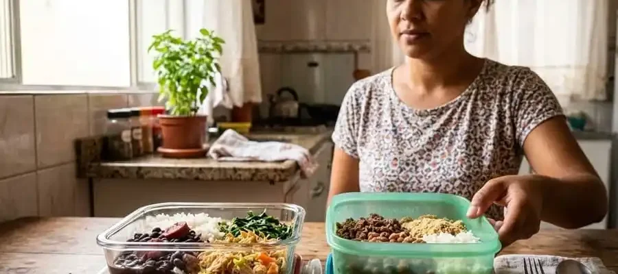 Duas marmitas lado a lado na mesa brasileira: uma de vidro transparente e outra de plástico, luz natural suave, simbolizando a comparação entre os materiais para armazenamento de comida.