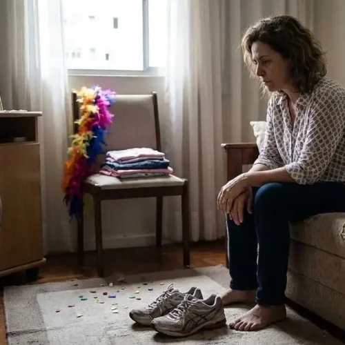 Pessoa acima de 40 anos refletindo antes de voltar aos treinos pós-Carnaval, tênis ao lado, luz natural da manhã.