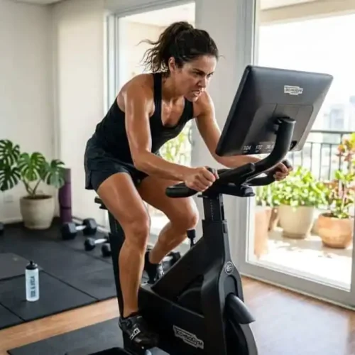 Pessoa pedalando com alta intensidade em bicicleta ergométrica, suor e esforço visível, academia ou casa brasileira com luz natural, representando o treino HIIT na bike para queimar gordura.