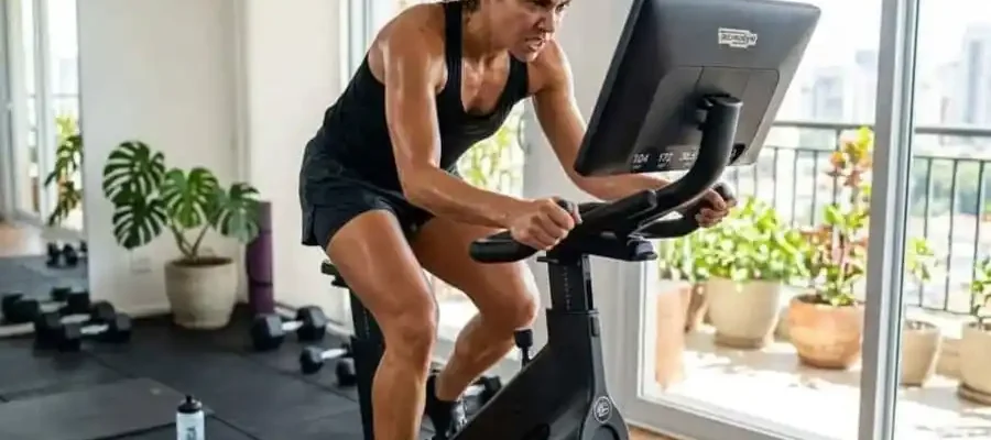 Pessoa pedalando com alta intensidade em bicicleta ergométrica, suor e esforço visível, academia ou casa brasileira com luz natural, representando o treino HIIT na bike para queimar gordura.