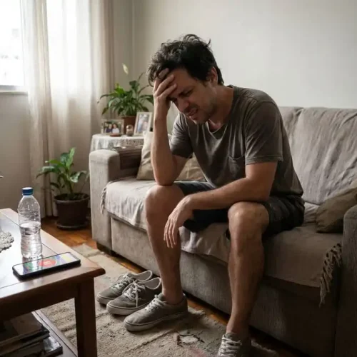 Pessoa com ressaca sentada na cama, olhando para tênis, expressão de dúvida, simbolizando decisão sobre treinar ou descansar.