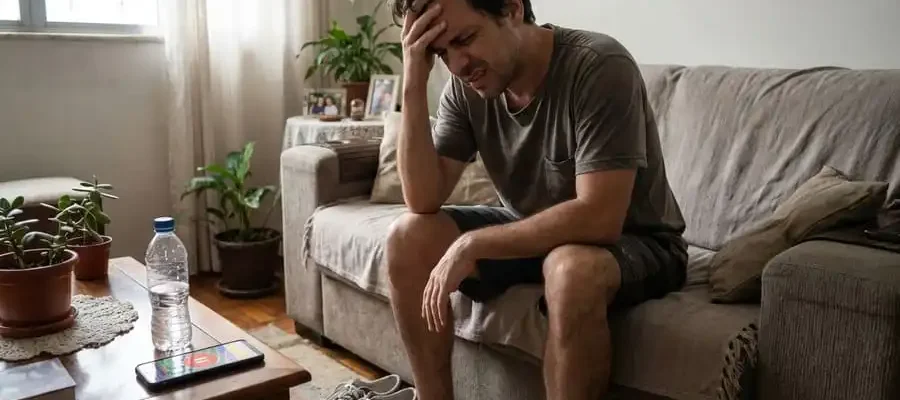 Pessoa com ressaca sentada na cama, olhando para tênis, expressão de dúvida, simbolizando decisão sobre treinar ou descansar.