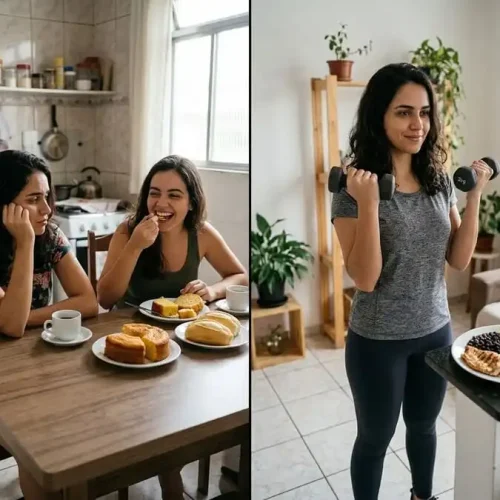 Comparação: pessoa frustrada vendo outra comer pão sem culpa vs pessoa ativa e equilibrada, cozinha/sala brasileira com luz natural suave, simbolizando mito do metabolismo acelerado vs realidade das escolhas.