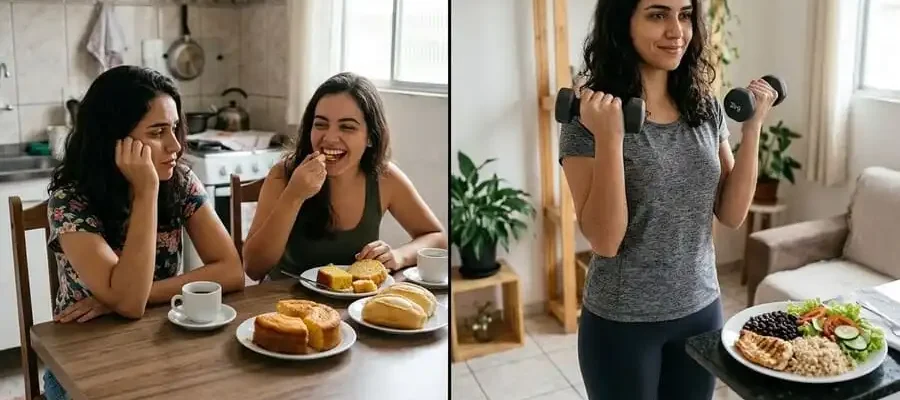 Comparação: pessoa frustrada vendo outra comer pão sem culpa vs pessoa ativa e equilibrada, cozinha/sala brasileira com luz natural suave, simbolizando mito do metabolismo acelerado vs realidade das escolhas.