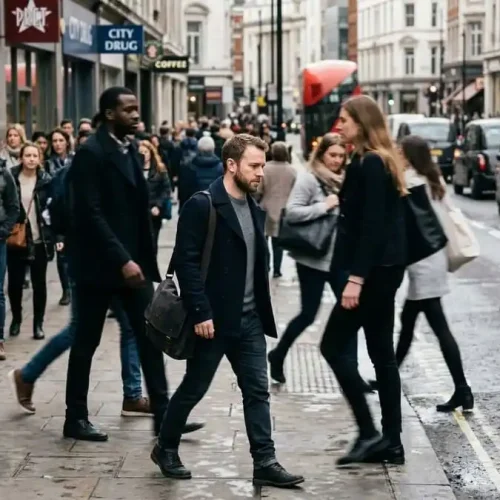 Homem de baixa estatura caminhando entre pessoas mais altas, representando a pressão social relacionada à altura masculina.