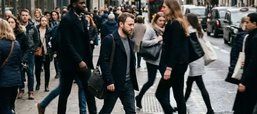 Homem de baixa estatura caminhando entre pessoas mais altas, representando a pressão social relacionada à altura masculina.