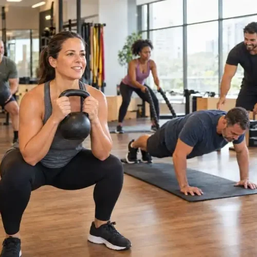 Pessoas de diferentes idades fazendo treino funcional em circuito em uma academia, com uma mulher agachando com kettlebell em primeiro plano