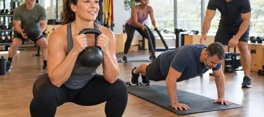 Pessoas de diferentes idades fazendo treino funcional em circuito em uma academia, com uma mulher agachando com kettlebell em primeiro plano