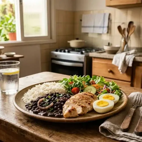 hara hachi bu na refeição brasileira equilibrada com arroz, feijão, ovos, frango e legumes em uma mesa doméstica.