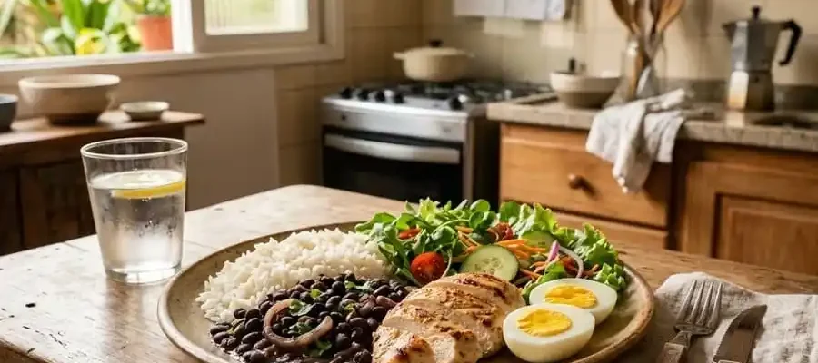 hara hachi bu na refeição brasileira equilibrada com arroz, feijão, ovos, frango e legumes em uma mesa doméstica.
