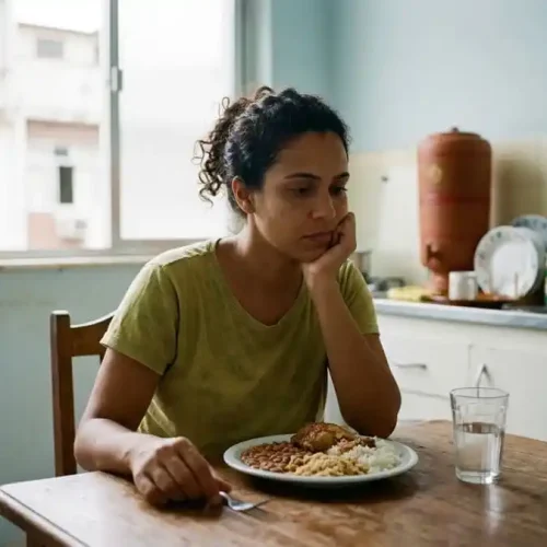 Pessoa sentada à mesa com expressão pensativa olhando para comida, luz natural suave em ambiente brasileiro, simbolizando o fenômeno do food noise e a obsessão alimentar constante.