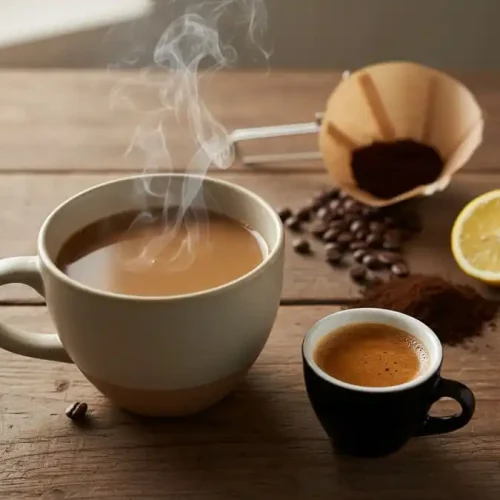 Comparação lado a lado: xícara grande de café coado filtrado e pequena dose de expresso com crema, sobre mesa de madeira com luz natural.