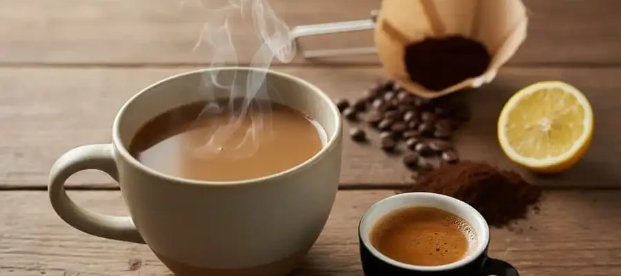 Comparação lado a lado: xícara grande de café coado filtrado e pequena dose de expresso com crema, sobre mesa de madeira com luz natural.