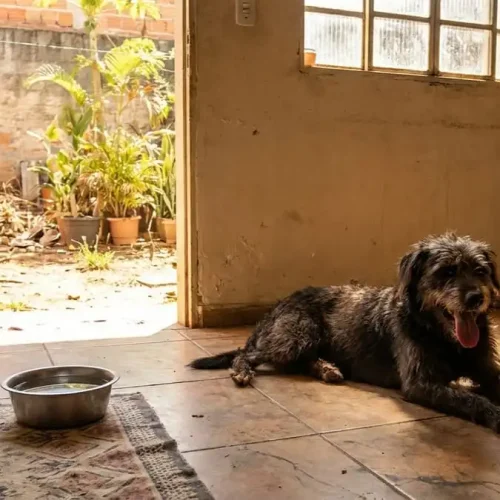 Cão ofegante e letárgico com calor extremo em casa, tigela de água ao lado, luz solar intensa, simbolizando risco de golpe de calor em pets.