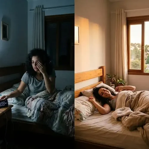 Comparação: despertar forçado às 5h com cansaço vs despertar natural com energia, quarto brasileiro com luz suave do sol, simbolizando mito do madrugar e importância do cronotipo.