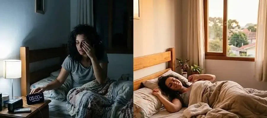 Comparação: despertar forçado às 5h com cansaço vs despertar natural com energia, quarto brasileiro com luz suave do sol, simbolizando mito do madrugar e importância do cronotipo.
