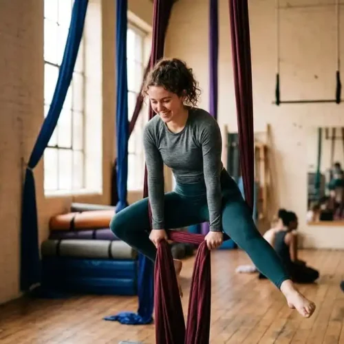 Pessoa sorrindo enquanto pratica tecido acrobático ou trapézio em estúdio de circo brasileiro com luz natural, transmitindo alegria e benefícios da aula de circo para corpo e mente.