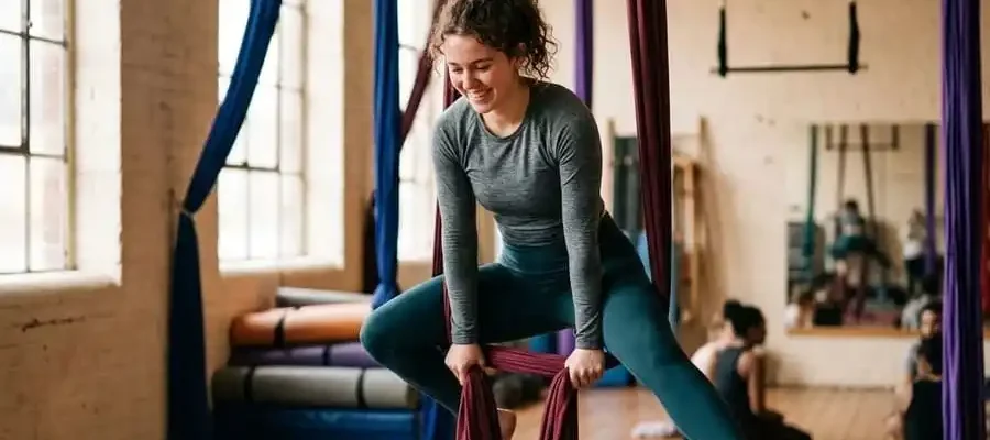 Pessoa sorrindo enquanto pratica tecido acrobático ou trapézio em estúdio de circo brasileiro com luz natural, transmitindo alegria e benefícios da aula de circo para corpo e mente.