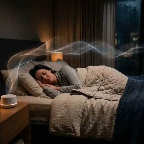 Pessoa dormindo profundamente em um quarto silencioso com representação visual de ruído branco.