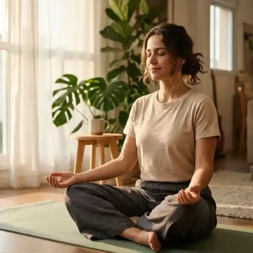 Mulher meditando sentada em tapete de yoga na sala de casa, prática de yoga para estresse