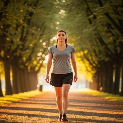 Mulher caminhando num parque ao pôr do sol, com expressão tranquila.
