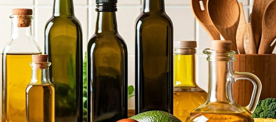 Uma seleção de óleos de cozinha para diferentes usos – cada um com seu papel na saúde e no sabor.