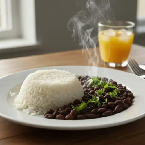 Prato clássico brasileiro fumegante de arroz branco e feijão preto temperado, luz natural de cozinha, simbolizando saúde e tradição.