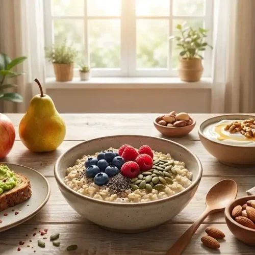 Mesa com alimentos saciantes como aveia, abacate, frutas, iogurte e castanhas, luz natural de cozinha, simbolizando controle natural do apetite.