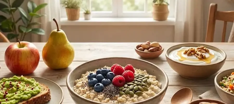 Mesa com alimentos saciantes como aveia, abacate, frutas, iogurte e castanhas, luz natural de cozinha, simbolizando controle natural do apetite.