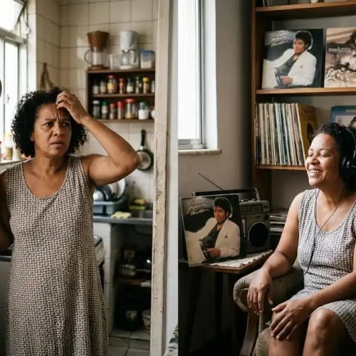 Comparação: pessoa confusa na porta tentando lembrar vs mesma pessoa sorrindo cantando música dos anos 80 com vinil ao fundo, sala brasileira com luz natural suave, simbolizando contraste entre esquecimento episódico e memória musical duradoura.