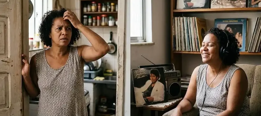 Comparação: pessoa confusa na porta tentando lembrar vs mesma pessoa sorrindo cantando música dos anos 80 com vinil ao fundo, sala brasileira com luz natural suave, simbolizando contraste entre esquecimento episódico e memória musical duradoura.