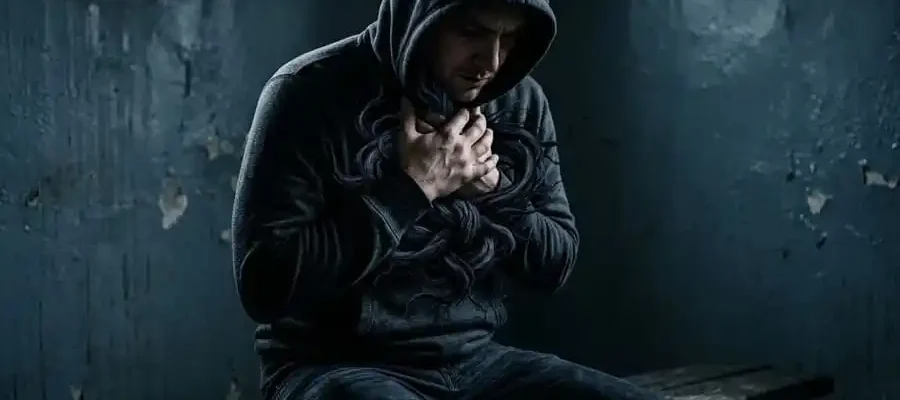 Imagem fotorealista de uma figura humana com um nó de energia escura e turbulenta no peito/garganta, simbolizando emoções reprimidas. O fundo é escuro e a iluminação dramática destaca a luta interna.