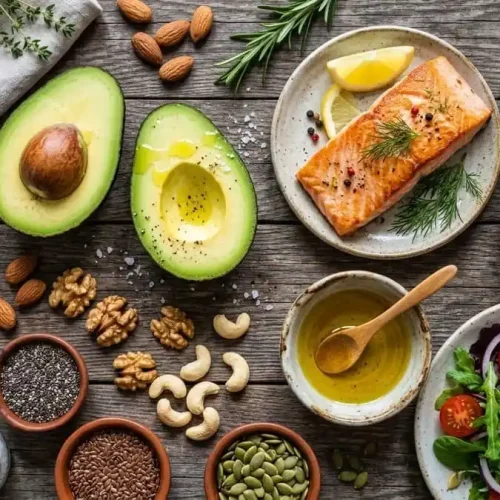 Imagem flat lay e fotorealista de uma variedade de gorduras saudáveis, incluindo abacate fatiado, azeite de oliva, nozes, sementes e salmão, dispostos sobre uma superfície de madeira.