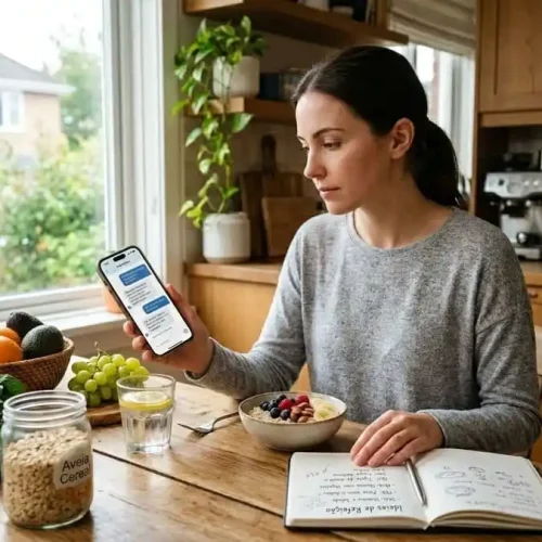 Pessoa analisando um plano alimentar gerado por inteligência artificial no celular.