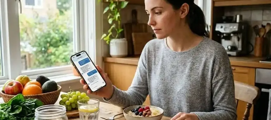 Pessoa analisando um plano alimentar gerado por inteligência artificial no celular.