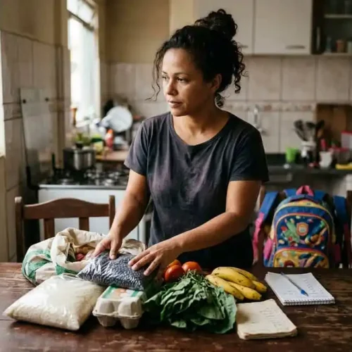 Mulher organiza alimentos básicos e uma lista de compras na mesa da cozinha, em um exemplo de planejamento contra a insegurança alimentar e a obesidade
