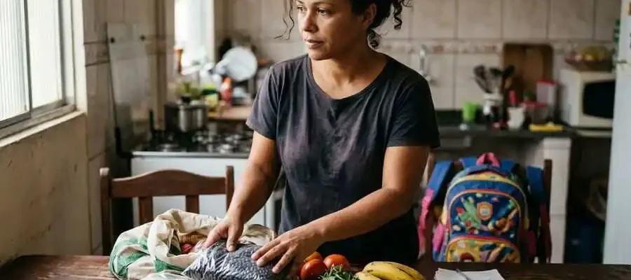 Mulher organiza alimentos básicos e uma lista de compras na mesa da cozinha, em um exemplo de planejamento contra a insegurança alimentar e a obesidade