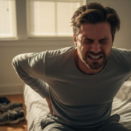 Homem acordando de manhã com dor intensa no corpo inteiro após overtraining, expressão de exaustão e sofrimento