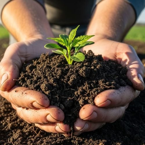 Mãos que cultivam o futuro: solo vivo e fértil, pronto para gerar alimentos saudáveis.