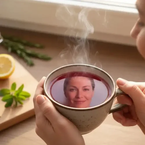 Mão segurando xícara de chá fumegante, com reflexo sutil de pele jovem e firme, luz natural de cozinha brasileira.