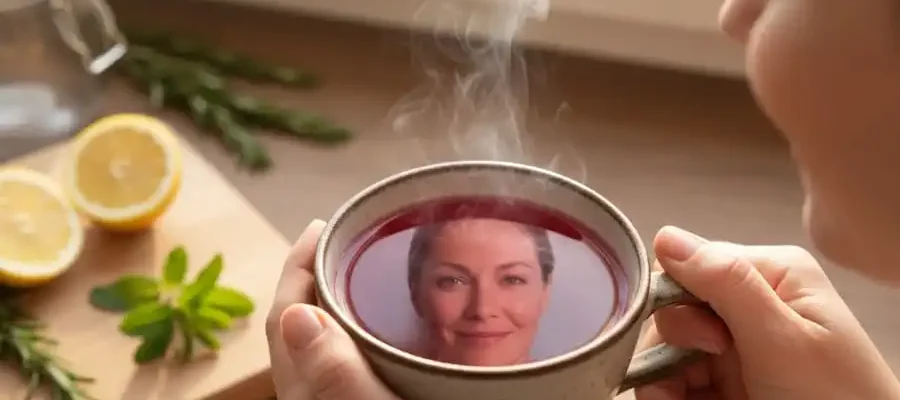 Mão segurando xícara de chá fumegante, com reflexo sutil de pele jovem e firme, luz natural de cozinha brasileira.