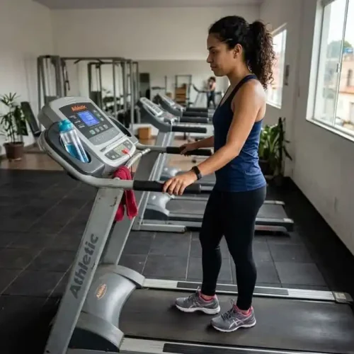 Pessoa iniciante parada em frente à esteira com expressão de curiosidade, painel mostrando velocidade baixa, academia ou sala brasileira com luz natural, simbolizando o começo seguro da corrida na esteira.