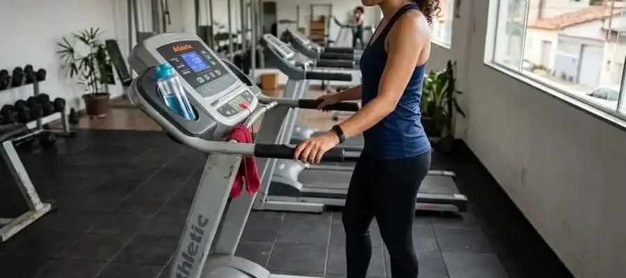 Pessoa iniciante parada em frente à esteira com expressão de curiosidade, painel mostrando velocidade baixa, academia ou sala brasileira com luz natural, simbolizando o começo seguro da corrida na esteira.