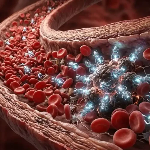 Nanopartículas viajando pela corrente sanguínea em direção a células doentes.