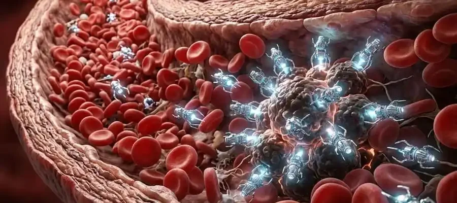 Nanopartículas viajando pela corrente sanguínea em direção a células doentes.
