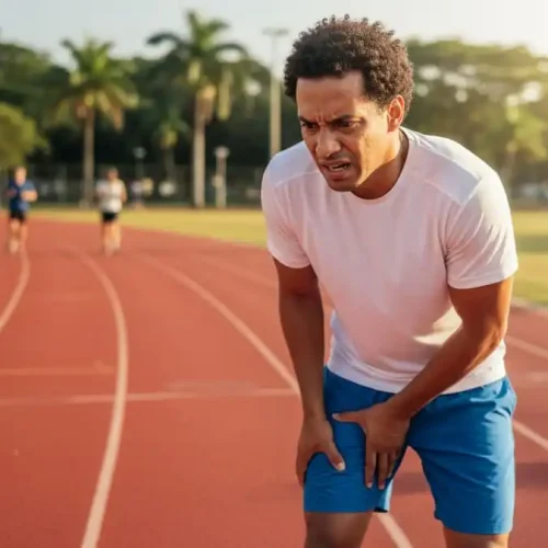 Pessoa sentindo dor aguda no joelho durante treino ao ar livre